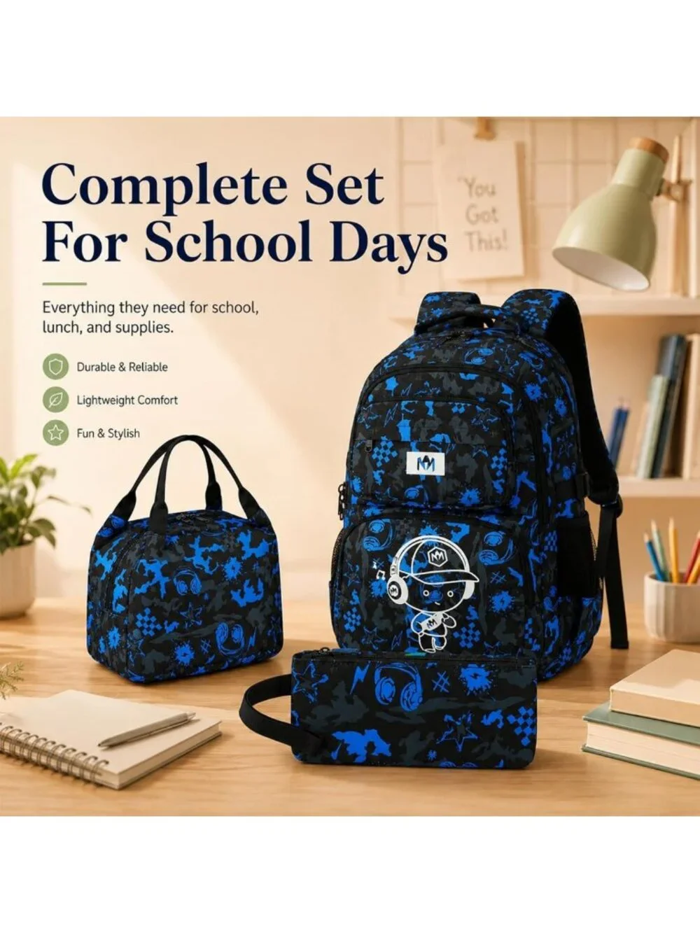 Camo Kids Backpack Set for Boys - Stylish Bookbag for School & Travel - 3pcs